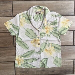 Vintage Tiki Classics Silk Womens Hawaiian Blouse Shirt size Small Green Floral